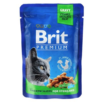 Вологий корм Brit Premium Cat Pouch для стерилізованих котів, з куркою, 100 г 100275 /506033 фото